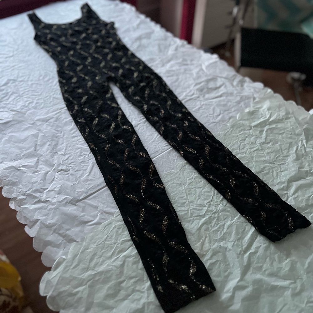 VTG 80s S sheer lace jumpsuit bodycon gold wavy lines disco small roller skating - Picture 10 of 13